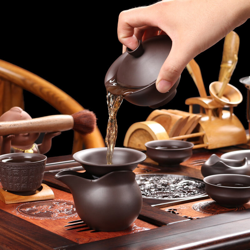 尚帝 古典镂空雕刻黑檀木茶盘实木茶台整套茶具陶瓷功夫茶具茶壶茶杯 龙凤紫砂侧把13入智能旋转电热炉套装