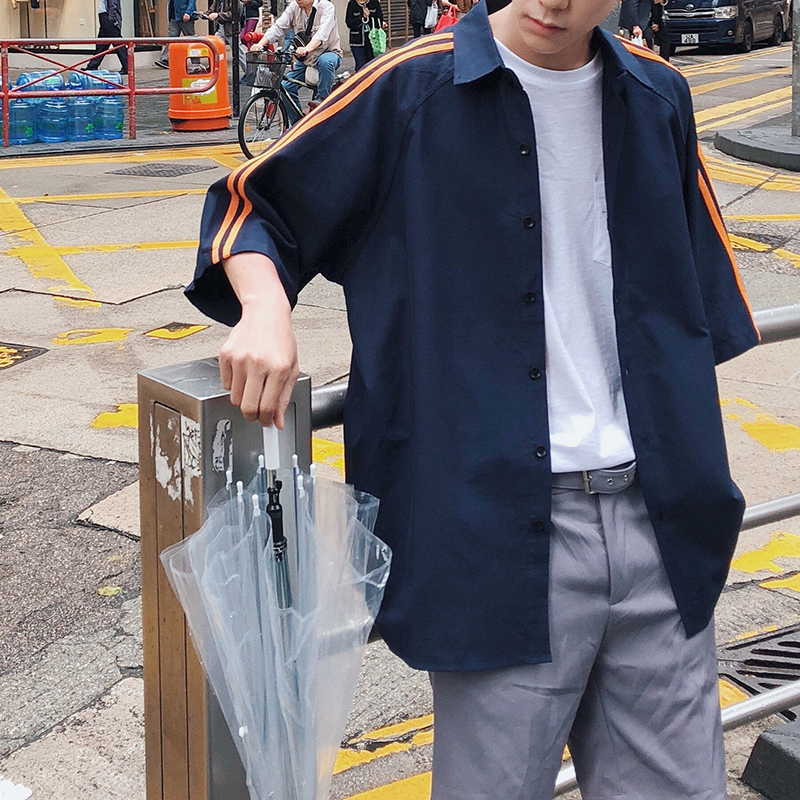 2018年夏款新款港风文艺简约条纹宽松中袖青少年衬衫纯色时尚