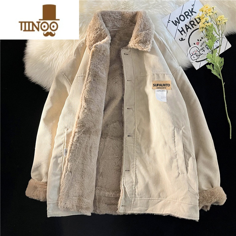 YANXU日系复古灯芯绒棉服男冬季加绒加厚羔毛外套翻领贴标设计感棉袄 卡其色 2XL