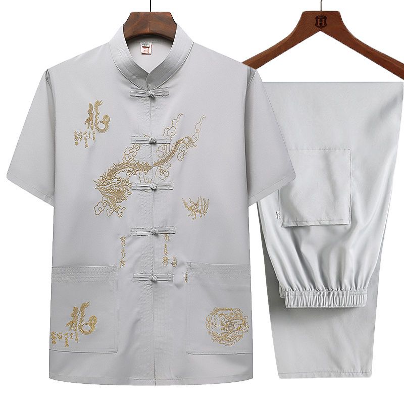 白色大龙[单件上衣] 39 /M[建议90-120斤] 夏季男士短袖唐装男中老年人薄款套装爸爸立领中国风汉服爷爷上衣