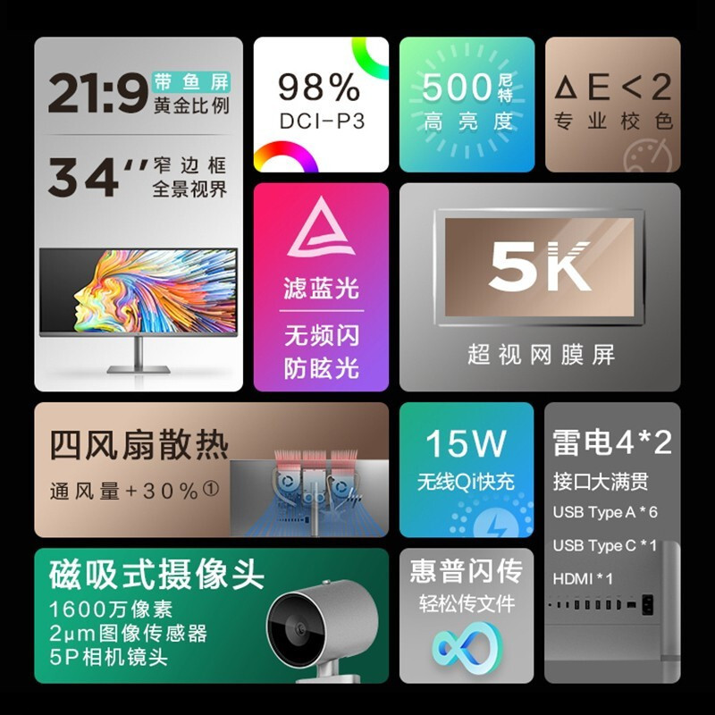惠普(HP)envy34设计师 5K屏98%电影级色域设计绘图游戏娱乐办公一体机电脑( 酷睿11代i7-11700 RTX3060-6G独显 64G内存 2TB PCIE固态)
