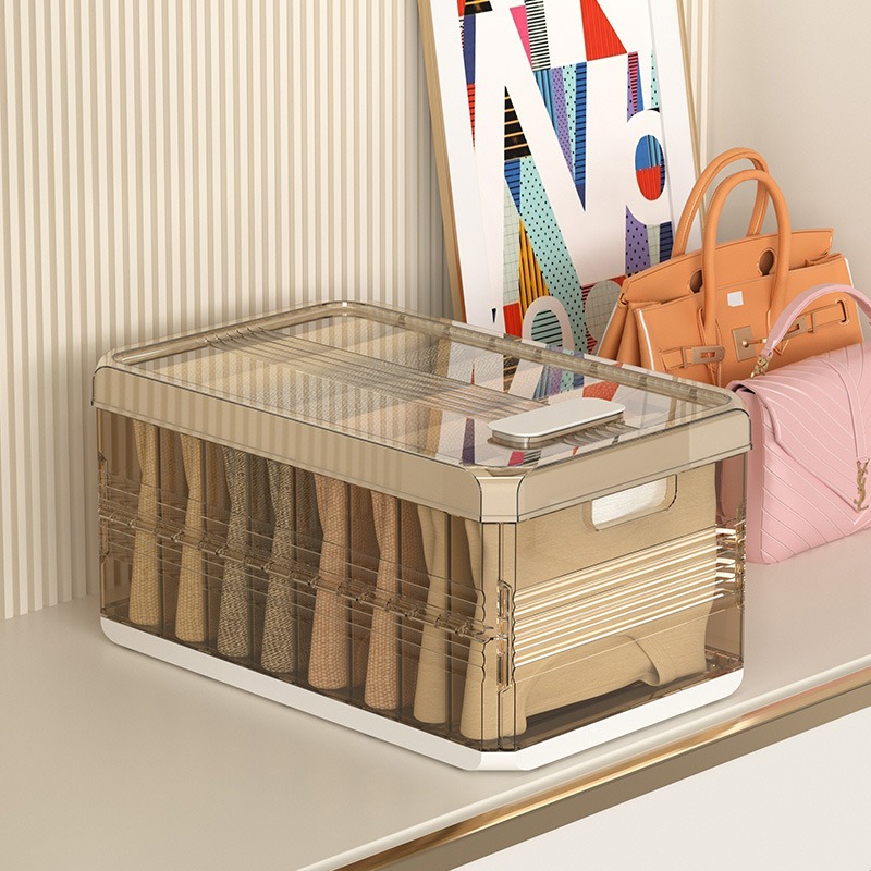 华普思衣柜裤子收纳盒加厚折叠整理箱抽屉式收纳神器内衣袜子分格收纳箱茶色&有盖7格水晶格片20L(40*25*20CM)