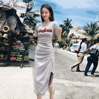 收腰褶皱连衣裙夏季新款韩版印花时尚气质修身显瘦短袖中长裙潮女 灰色 M