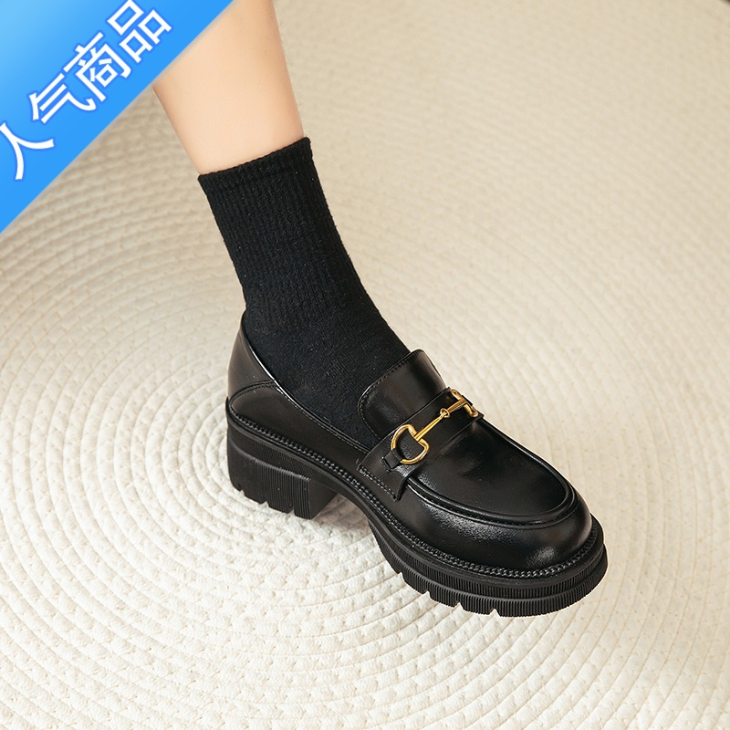 乐福鞋女2023新款夏季英伦风黑色通勤单鞋学院风jk增高松糕小皮鞋