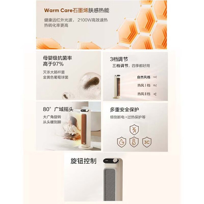 艾美特石墨烯暖风机可摇头取暖器节能省电家用电暖气立式电暖风速热取暖神器双电机大风量 HP21-K90高清大图