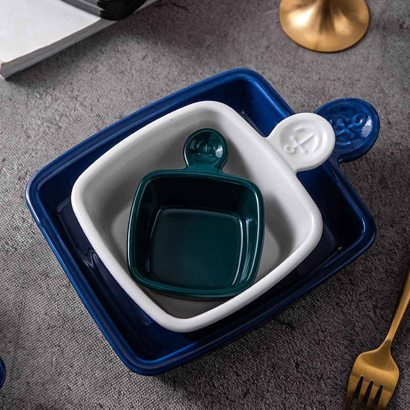 凌天 北欧水手带柄5英寸创意陶瓷方形芝士烘焙焗饭碗网红情侣家用西餐碗高清大图