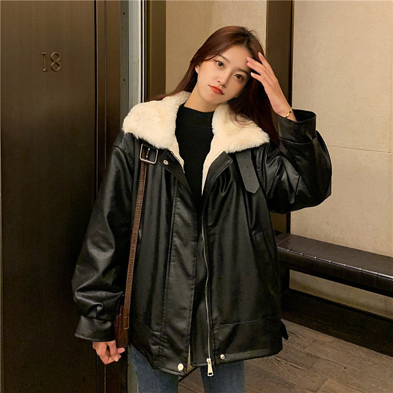厚款冬季保暖加绒皮衣外套女2020新款皮毛一体宽松韩版机车皮夹克