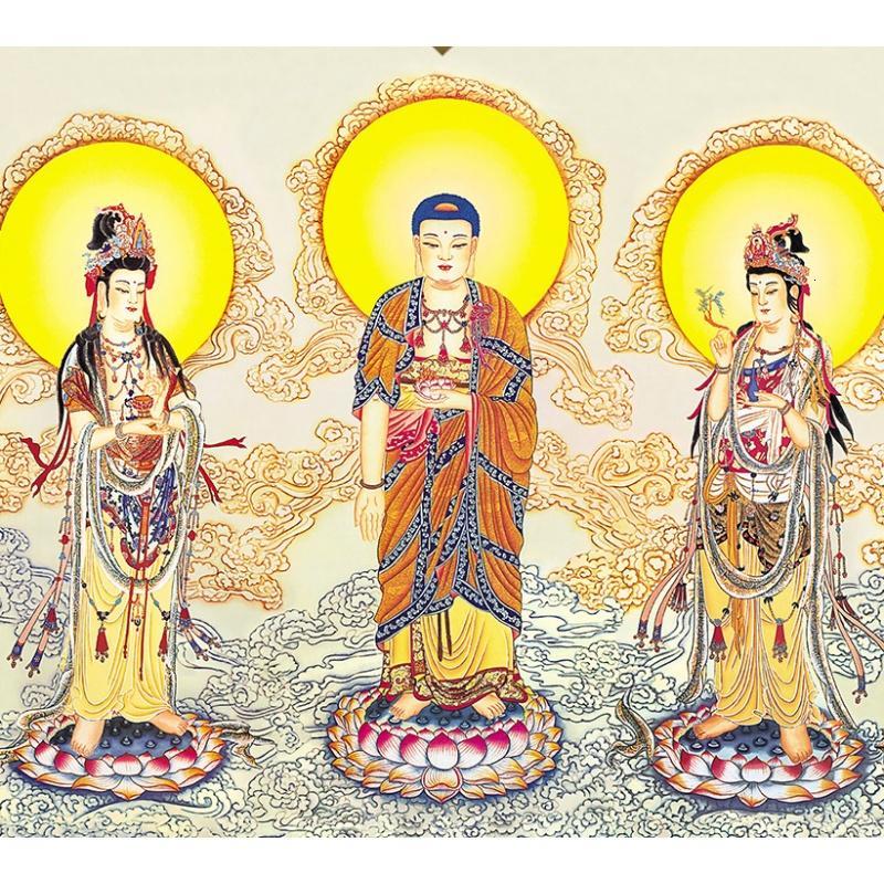 3d立体高清佛像宗教佛堂寺庙背景墙纸金色菩萨大型西方三圣壹德壹
