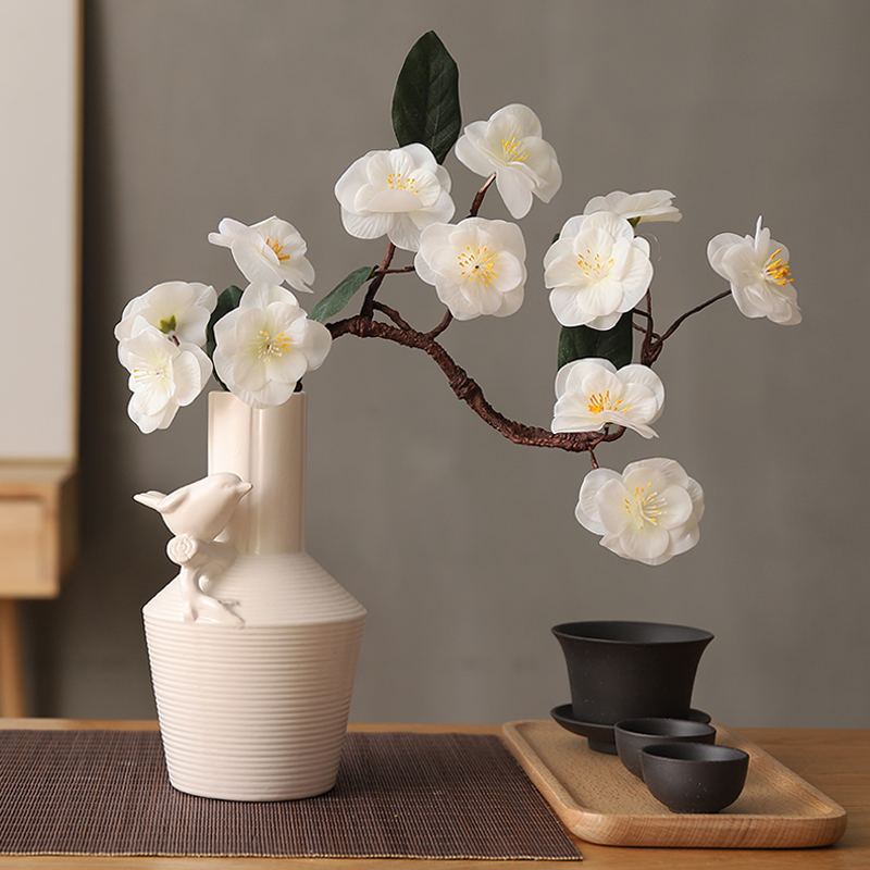 日式禅意家居手工仿真樱花梅花插装饰摆件花瓶组合套装 三维工匠 组合(灰色+白色)+粉色花高清大图