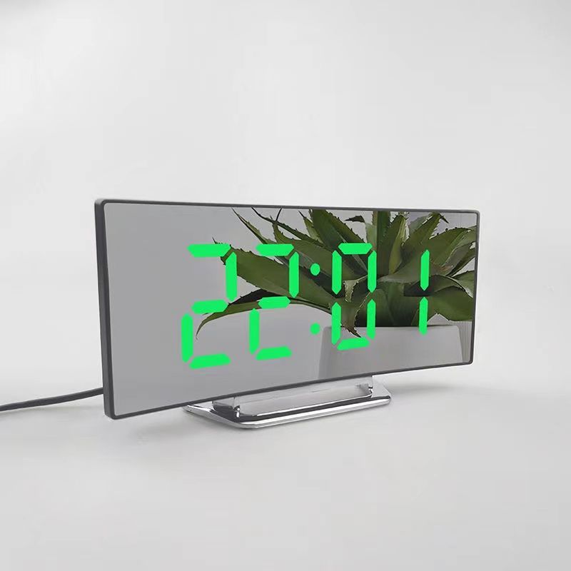 LED[白色字体]配电池+ USB线 LED曲面大屏电子闹钟床头卧室客厅静音夜光万年历座钟插电数字钟