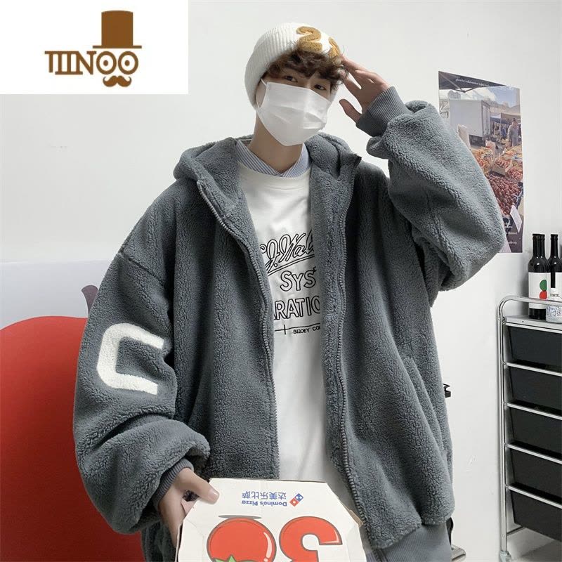 YANXU连帽羔绒外套男高街嘻哈宽松oversize休闲开衫棉衣夹克图片