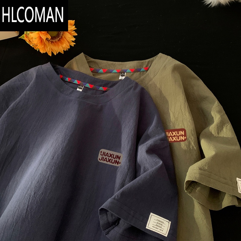 HLCOMAN棉麻短袖T恤男夏季字母印花潮流男生上衣大码宽松宽大高清大图