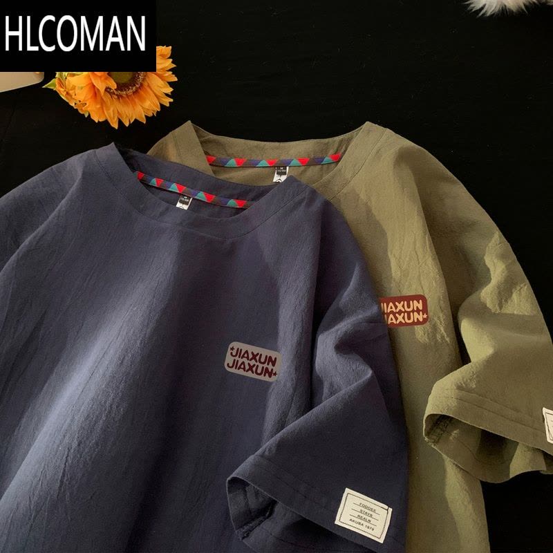HLCOMAN棉麻短袖T恤男夏季字母印花潮流男生上衣大码宽松体恤图片