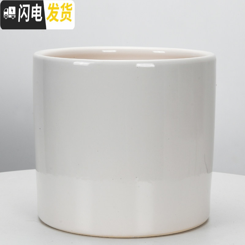 三维工匠圆柱陶瓷花盆特大号批发 北欧室内吊兰绿萝多肉透气花盆 H亮白圆筒(送塑料托盘) 中等花盆容器