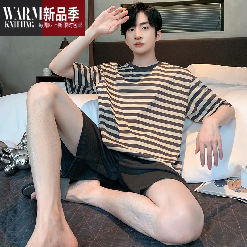 SHANCHAO男士睡衣莫代尔夏季薄款夏天短袖青少年家居服套装男款可外穿大码