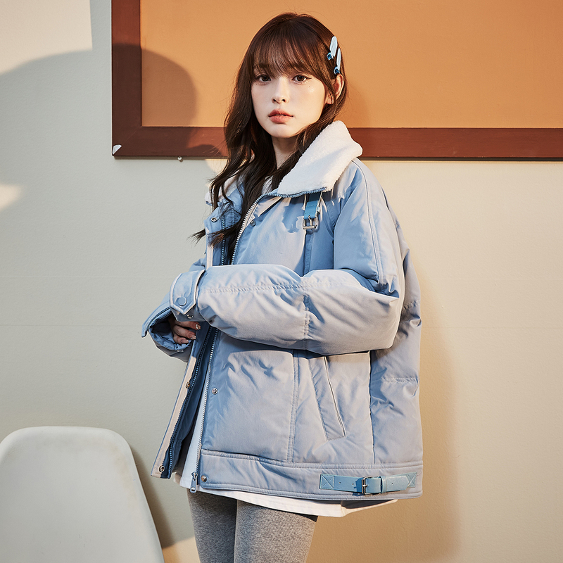 [直降价303元]唐狮冬装新款羽绒服女立领仿毛拼接短款蓝色派克服加厚冬外套