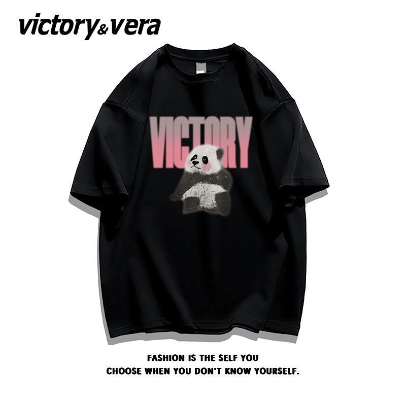VICTORYVERA夏季2022新款ins熊猫印花短袖T恤女纯棉宽松半袖上衣
