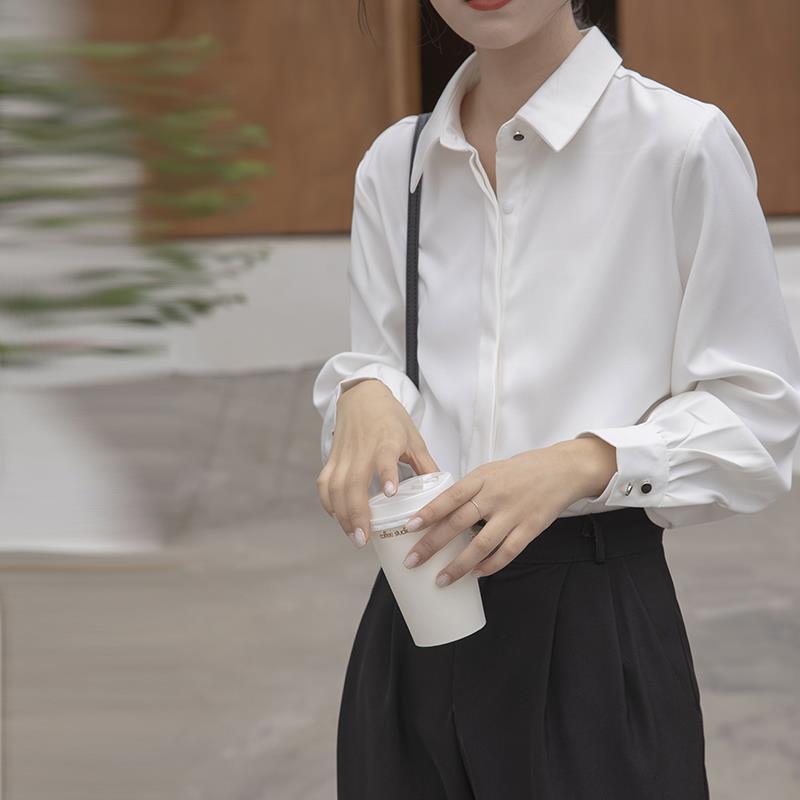 白色长袖衬衫职业正装大学生面试法式锁骨上衣秋心机扣气质衬衣女
