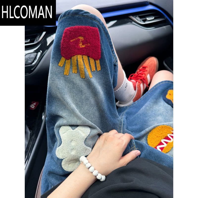 HLCOMAN复古汉堡薯条毛巾绣牛仔短裤男女宽松夏季2025新款直筒阔腿五分裤图片