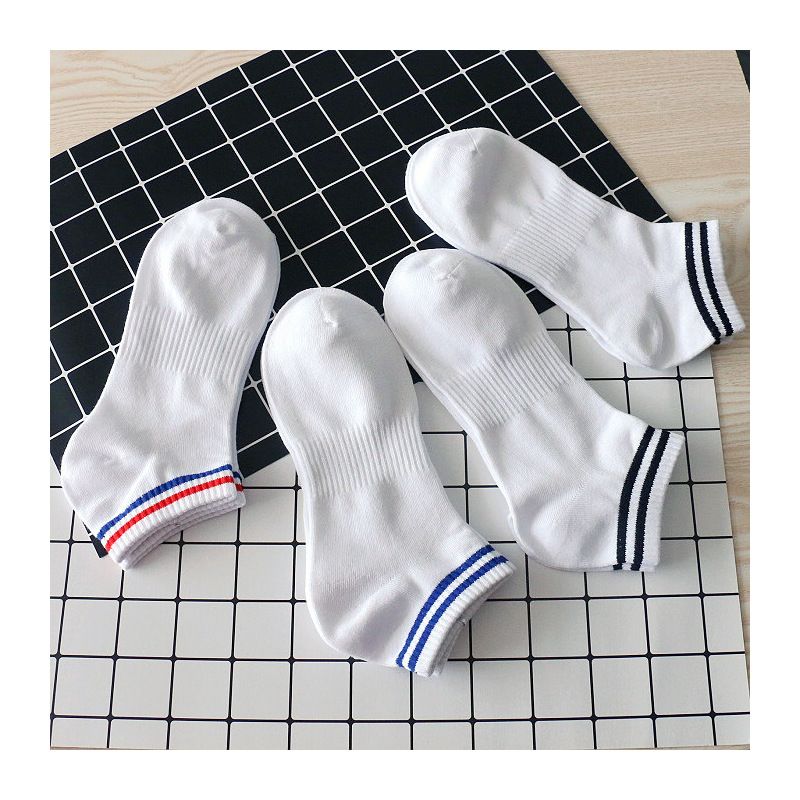 4双装纯棉男士袜子男条纹螺口白色船袜短袜男运动白袜控浅口袜子