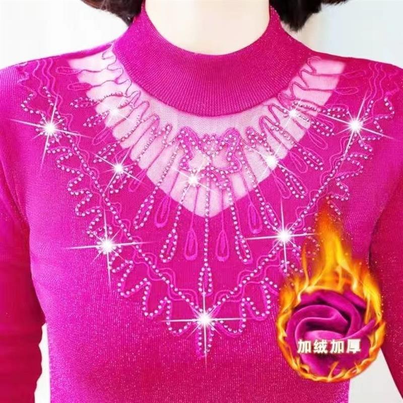 加绒/不加绒打底衫女长袖网纱t恤女小衫秋冬新款保暖蕾丝上衣