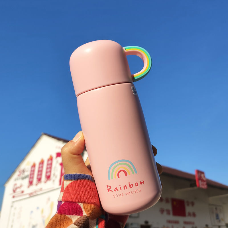 ins保温杯女韩版可爱儿童不锈钢水杯男女学生便携户外喝水杯子 单杯-彩虹粉