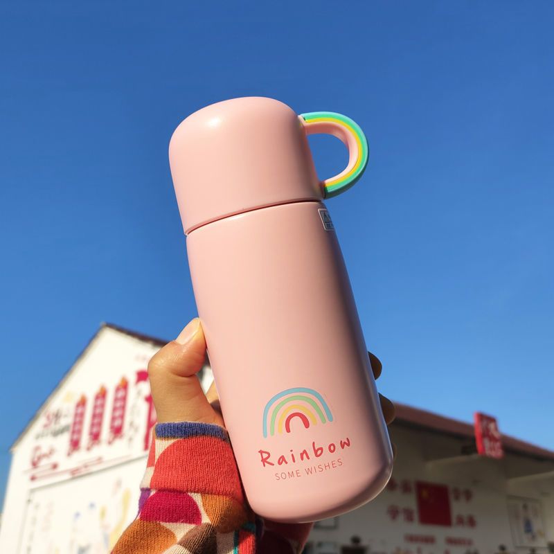 ins保温杯女韩版可爱儿童不锈钢水杯男女学生便携户外喝水杯子 单杯-彩虹粉