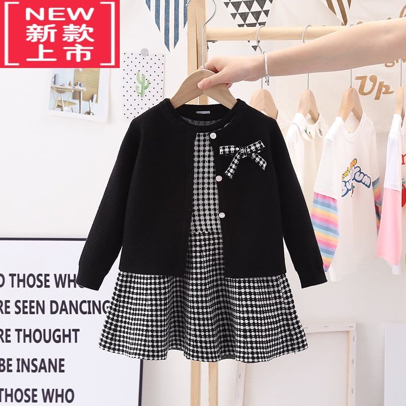 可莉允女童春秋装针织马甲连衣裙套装小童两件套上衣女宝背心毛衣裙时尚图片