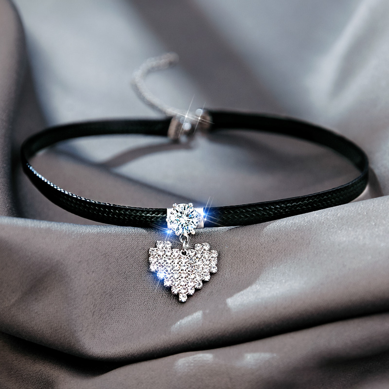 chunmichoker颈带锁骨链女满钻爱心短款颈链皮绳简约气质脖子饰品项链