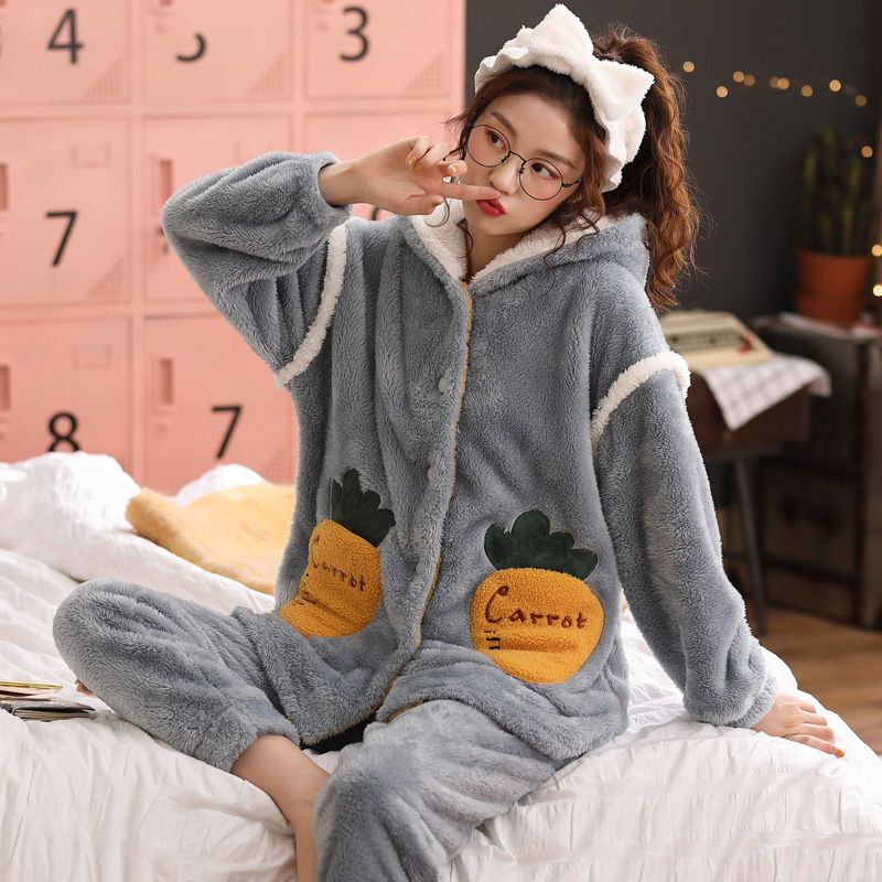 波迷娜(BOMINA)睡衣女冬加厚法兰绒卡通连帽保暖珊瑚绒家居服两件套 426