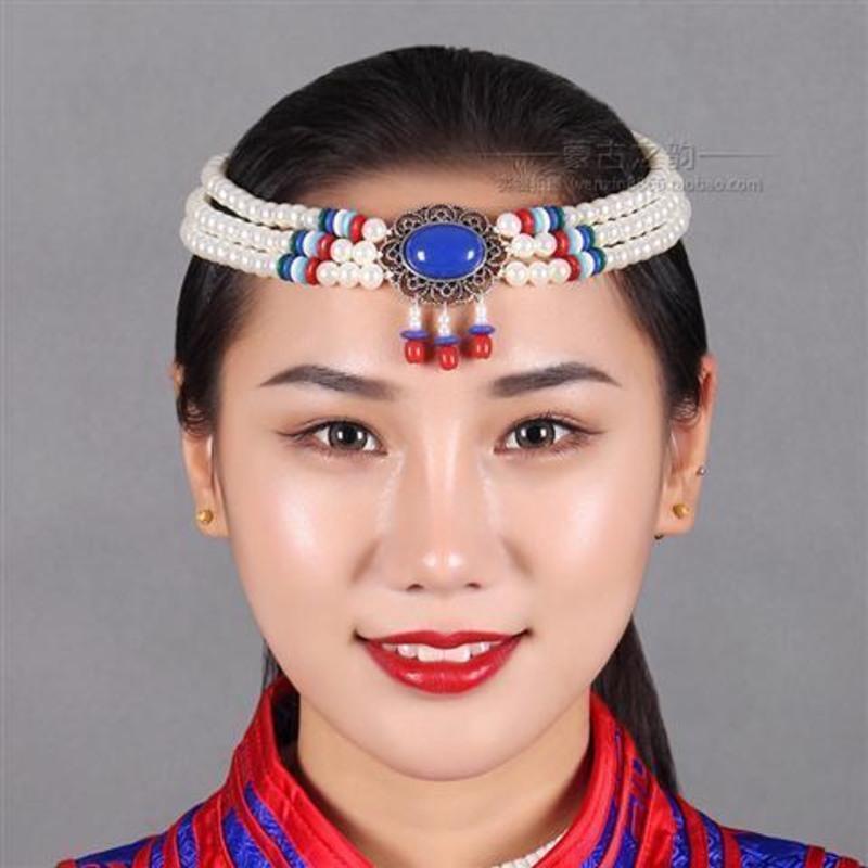 蒙古族珠珠头饰女舞蹈演出配饰蒙族新娘发饰民族舞头饰蒙古服专用白色