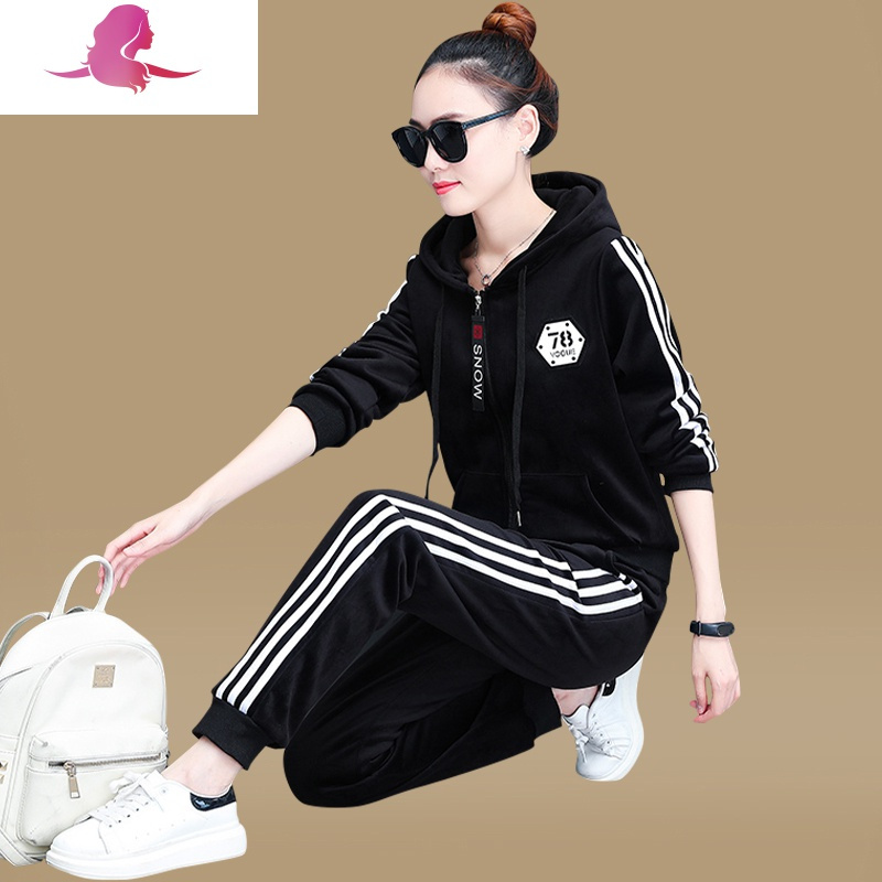 艳如飞大码金丝绒套装女秋冬季双面绒连帽加绒加厚休闲运动服卫衣两件套休闲运动套装