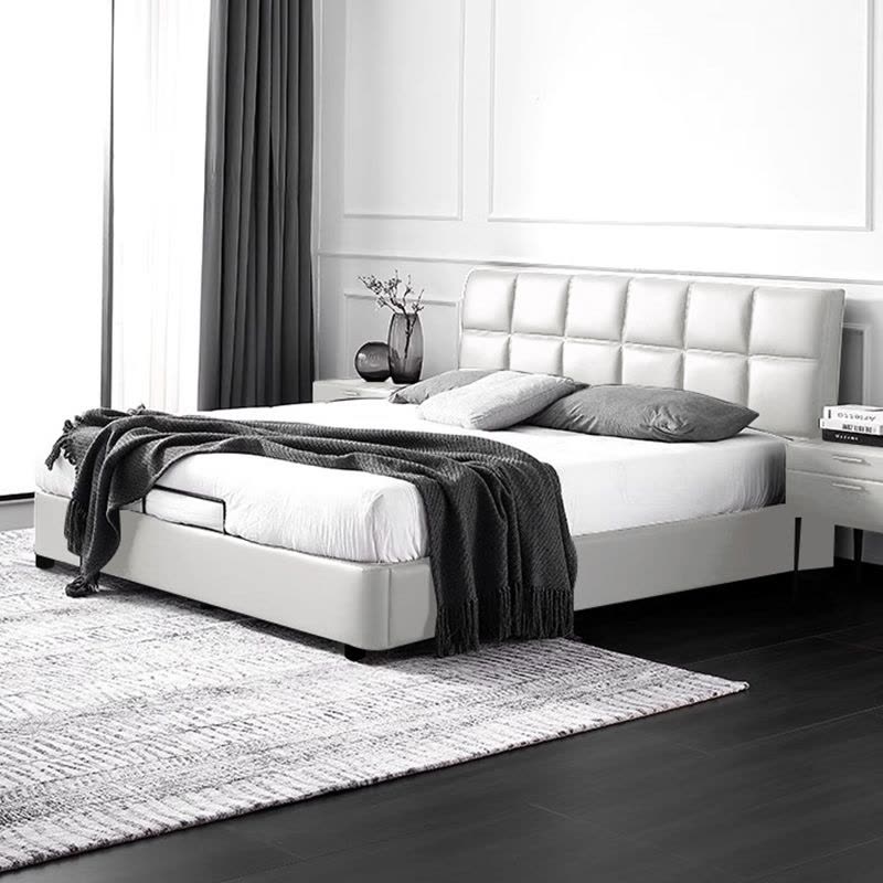 欧梵森意式极简真皮床黑色华夫格主卧小户型婚床现代简约轻奢软包储物床图片