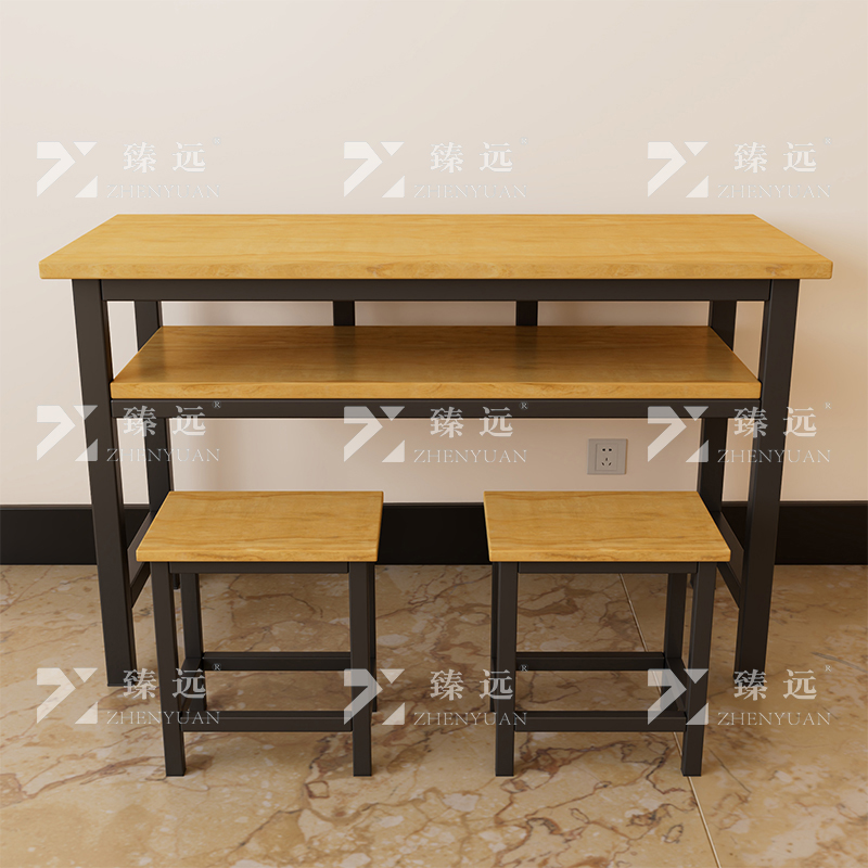 臻远ZY4082142 学生课桌椅双层带抽屉培训班学习桌学校辅导班教室双人桌 胡桃色含凳子+黑架1200*600*800高清大图