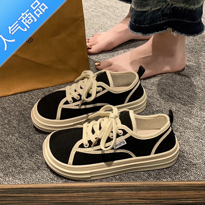 SUNTEK帆布鞋女2023新款夏款厚底板鞋女款休闲鞋一脚蹬女鞋夏季小白鞋子 黑色 39