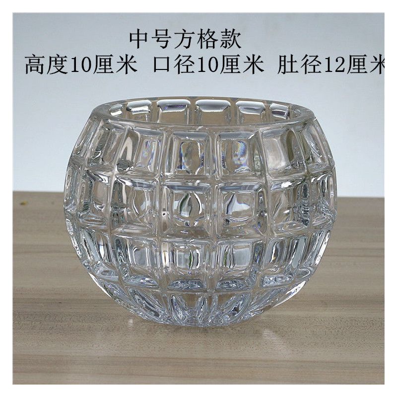 水培植物玻璃瓶圆形玻璃花瓶透明绿萝睡莲铜钱草水养花盆器皿容器|中号方格送定植篮营养液
