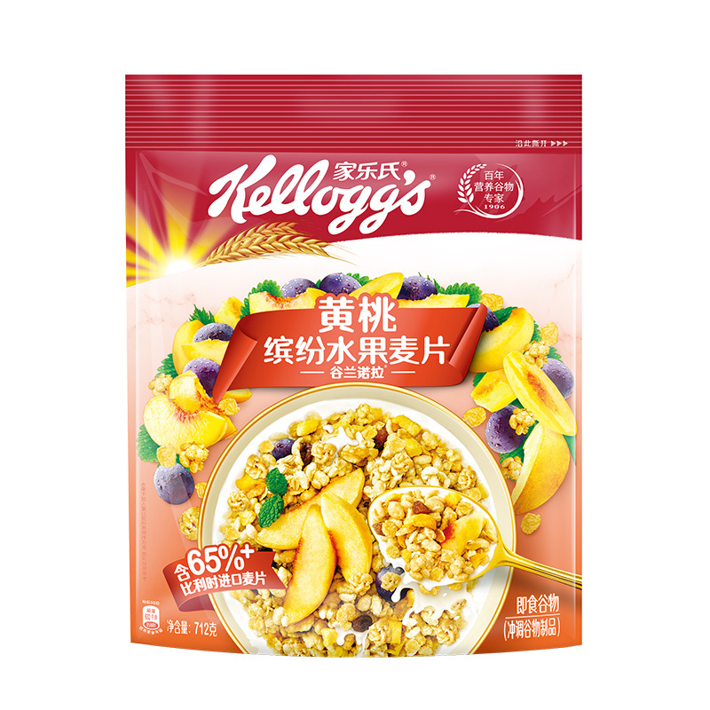 家乐氏谷兰诺拉黄桃712g即食冲饮营养谷物早餐食品水果麦片(新老包装随机发货)