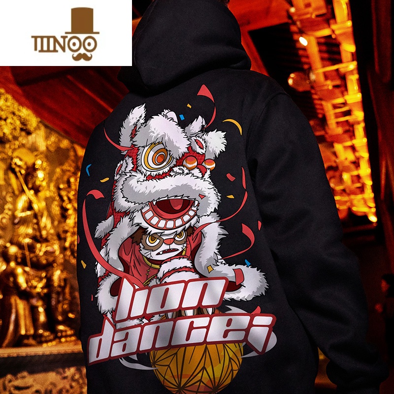 YANXU国潮中国风醒狮加绒连帽大码潮牌胖子oversize外套款卫衣男潮高清大图