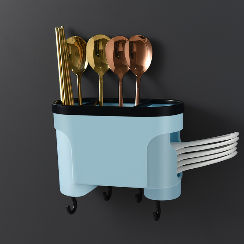 筷子篓壁挂式免打孔刀架置物架沥水家用筷筒筷笼一体餐具收纳盒 敬平 蓝色(双桶款)