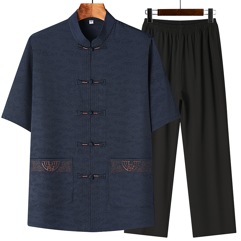 恒源祥中老年夏季大码宽松唐装男爸爸短袖套装爷爷练功服老人上衣 藏青 165