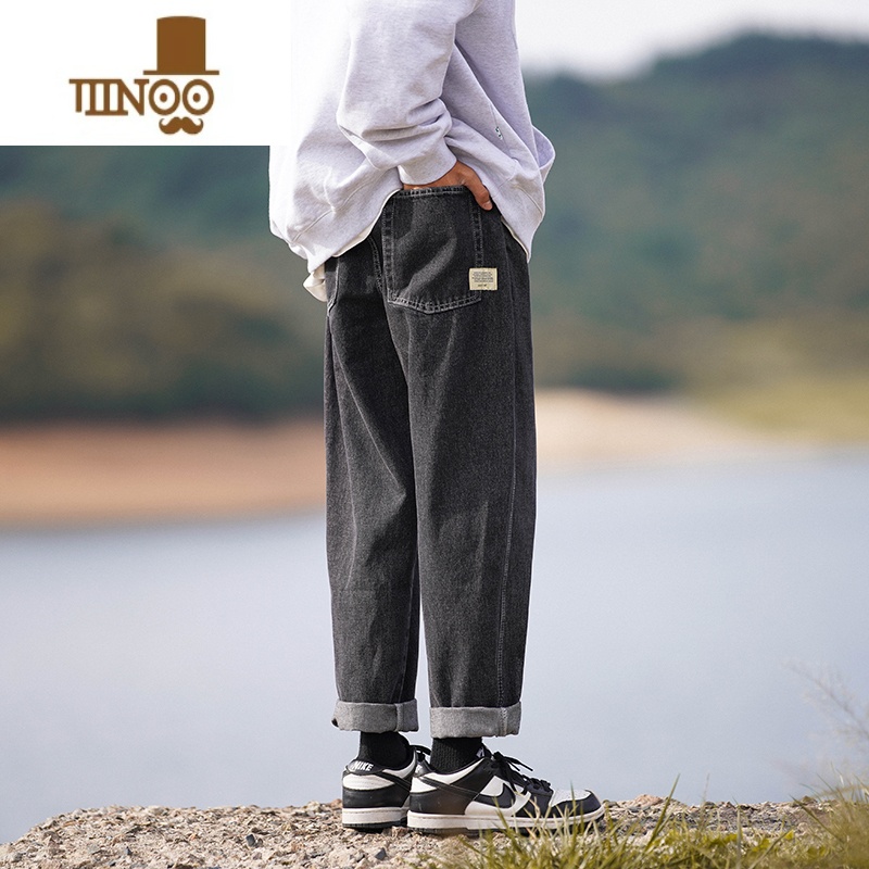 YANXU蓝色牛仔裤男款夏季2023新款美式复古裤子高街潮牌卷边直筒九分裤高清大图