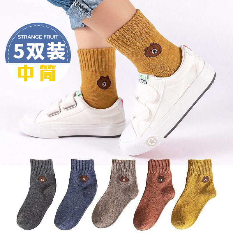 儿童袜子春秋短袜卡通小雏菊棉中筒袜男女童可爱婴儿薄款袜 GG新品【小熊系列】5雙装 M码（建议3-5岁）14-16cm