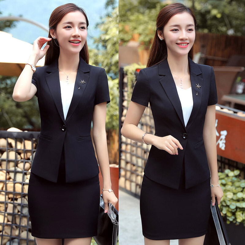 夏季短袖西装女装职业装修身职业套装商务两件套面试装工作服正装黑色黑色外套+裙子