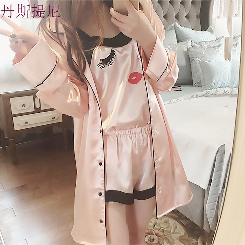 睡衣女夏套装带短袖性感两件套夏季春秋夏天冰丝小胸薄款三件套