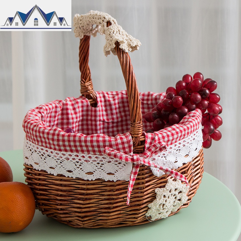 野餐篮水果篮藤编购物篮收纳篮鸡蛋篮编织篮小篮子竹篮手提篮菜蓝 三维工匠 大号棕色+红色格子里衬