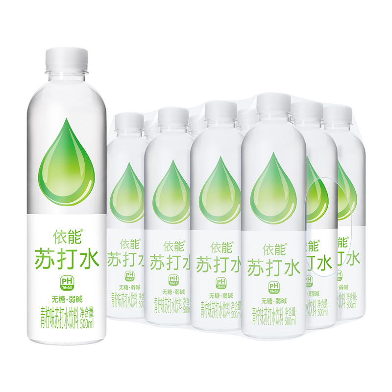依能苏打水饮料无糖无汽弱碱饮用水苏打水青柠味500ml*12瓶