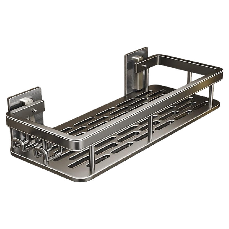 百悍卫生间置物架免打孔浴室架子厕所洗手间洗漱台用品墙上壁挂 [免钉贴安装]枪灰带杆带2钩高清大图