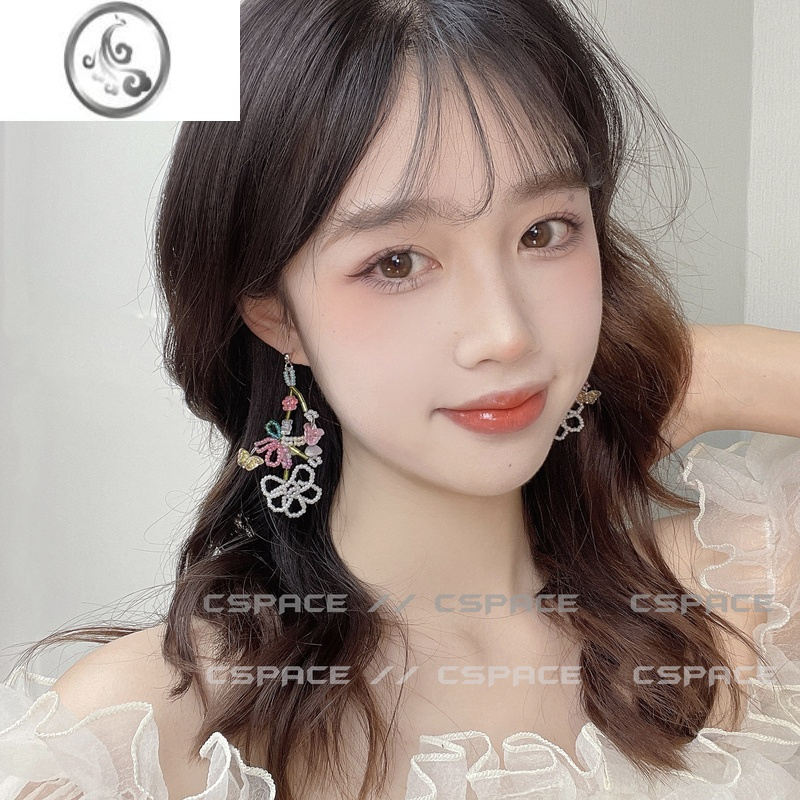 JiMi日韩水晶花朵银针耳环手工编织串珠ins度假风彩色耳饰耳夹无耳洞