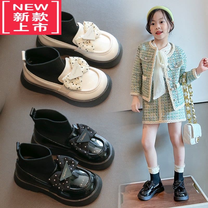 可莉允女童靴子2022秋新款袜子靴儿童皮鞋软底中大童毛线口软底公主单靴图片