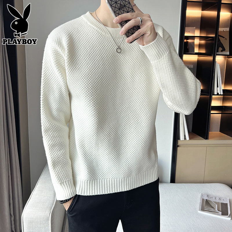 花花公子圆领毛衣男士春季新款潮休闲打底衫白色毛线衣男士针织圆高清大图